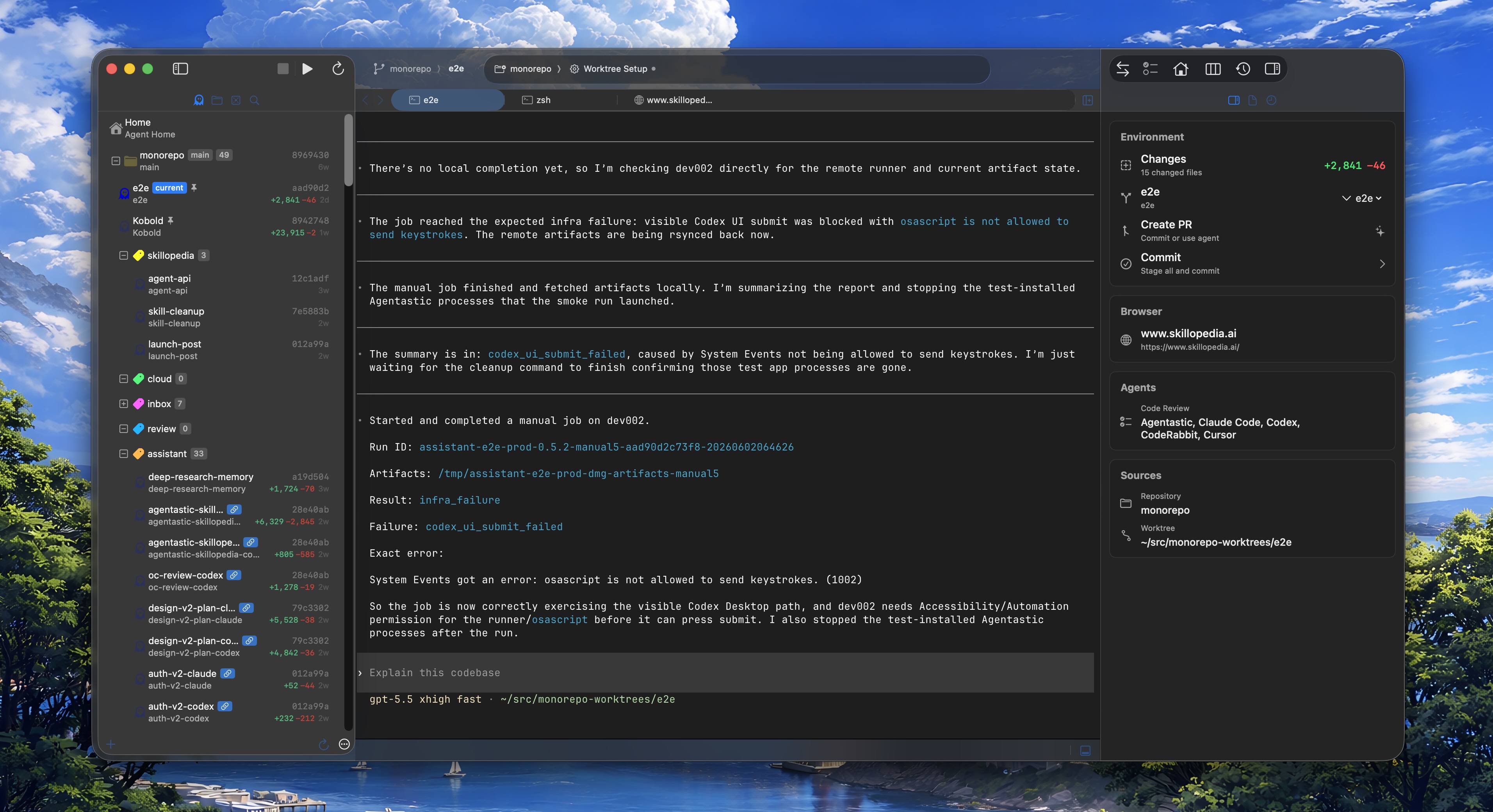 The Inspector panel showing environment changes, Create PR and Commit shortcuts, browser, agents, and sources for the current worktree